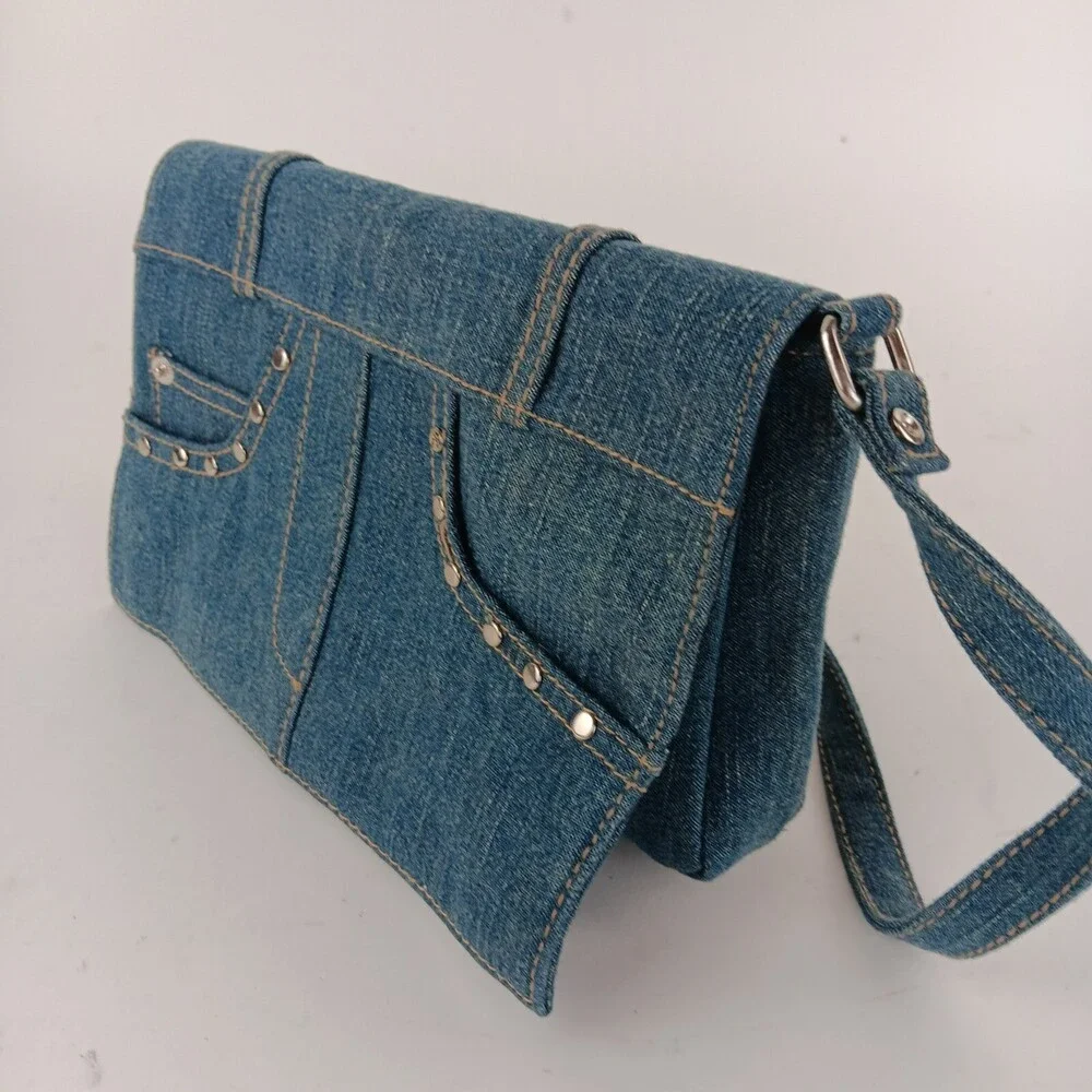 Womens Solid Blue Rectangular Shaped Studded Denim Shoulder Bag